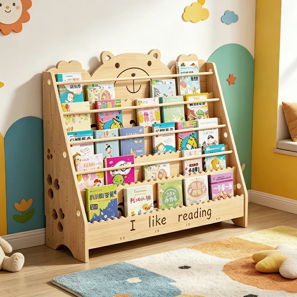 LIVARA Kids Bookshelf - Cute Bear Design Multi-Tier Book Storage Freestanding Reading Organiser 100cm - Natural Wood