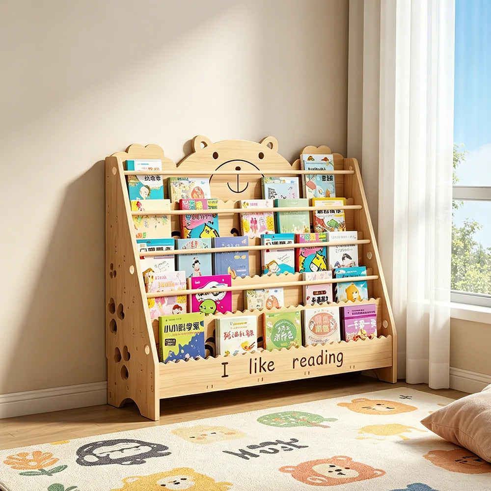 LIVARA Kids Bookshelf - Cute Bear Design Multi-Tier Book Storage Freestanding Reading Organiser 100cm - Natural Wood