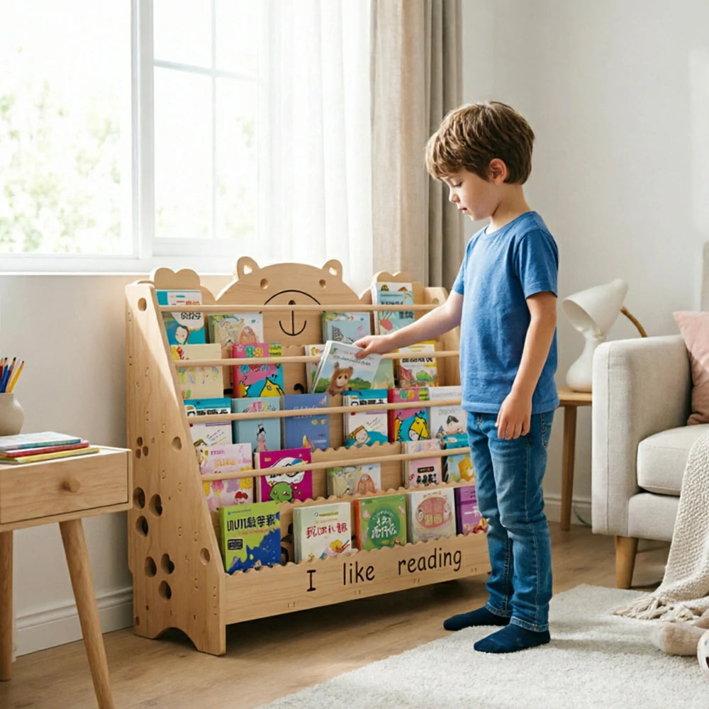 LIVARA Kids Bookshelf - Cute Bear Design Multi-Tier Book Storage Freestanding Reading Organiser 100cm - Natural Wood