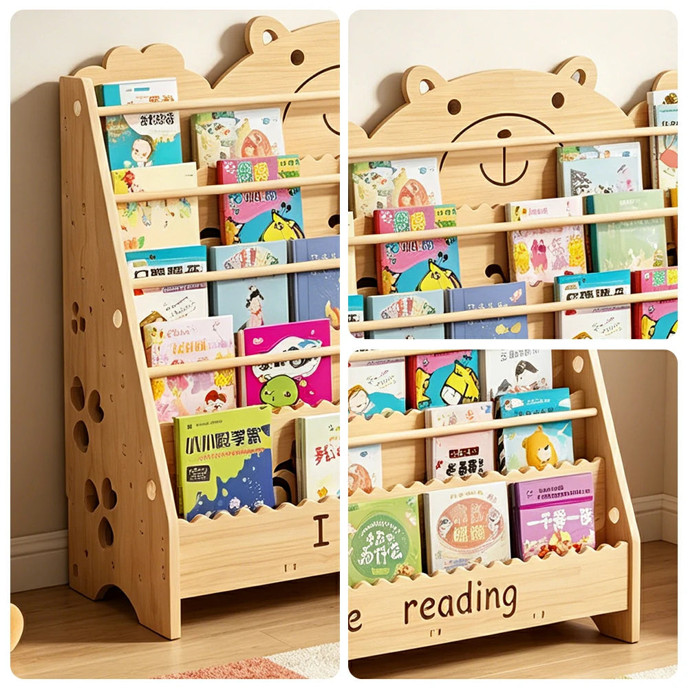 LIVARA Kids Bookshelf - Cute Bear Design Multi-Tier Book Storage Freestanding Reading Organiser 100cm - Natural Wood
