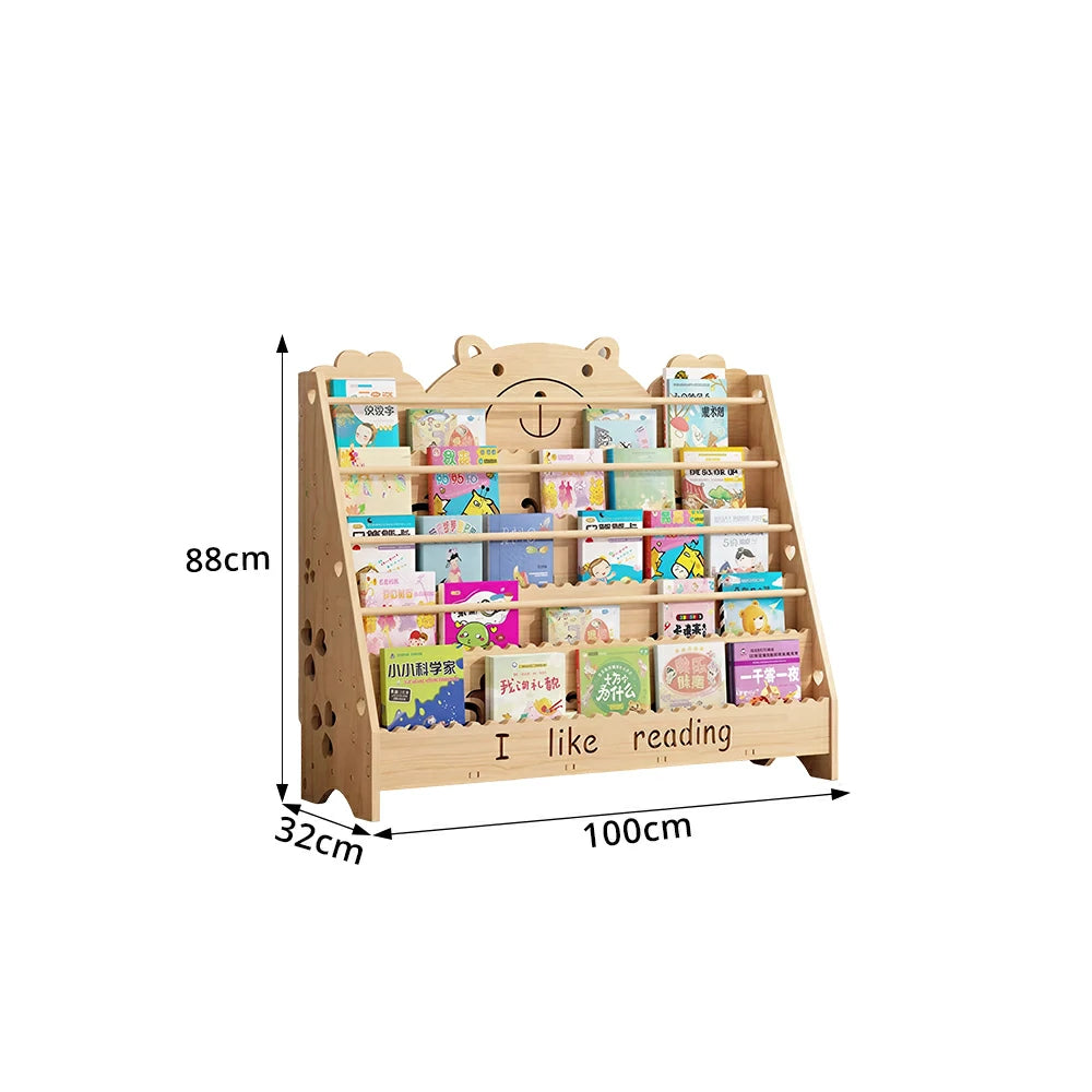 LIVARA Kids Bookshelf - Cute Bear Design Multi-Tier Book Storage Freestanding Reading Organiser 100cm - Natural Wood