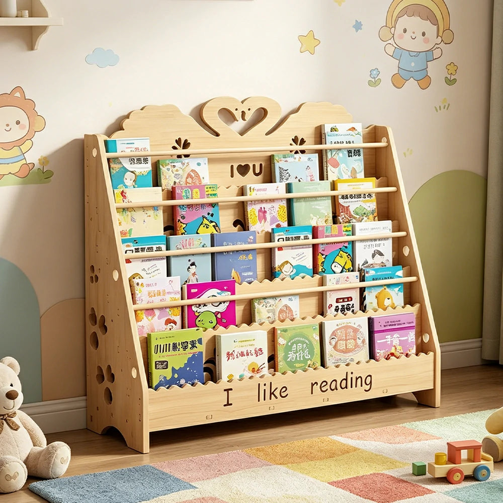 LIVARA Kids Bookshelf - Swan Design Multi-Tier Book Storage Freestanding Reading Organiser 100cm - Natural Wood