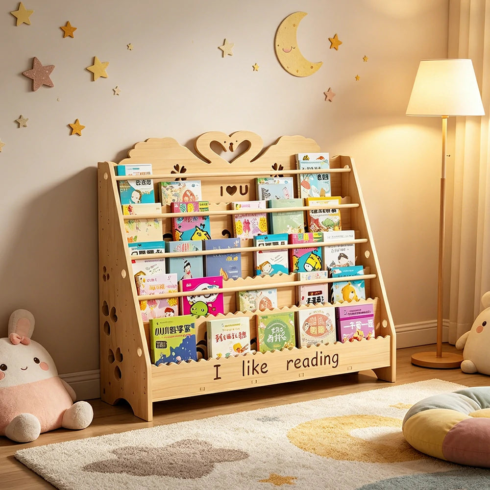 LIVARA Kids Bookshelf - Swan Design Multi-Tier Book Storage Freestanding Reading Organiser 100cm - Natural Wood