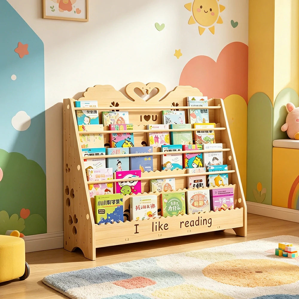 LIVARA Kids Bookshelf - Swan Design Multi-Tier Book Storage Freestanding Reading Organiser 100cm - Natural Wood