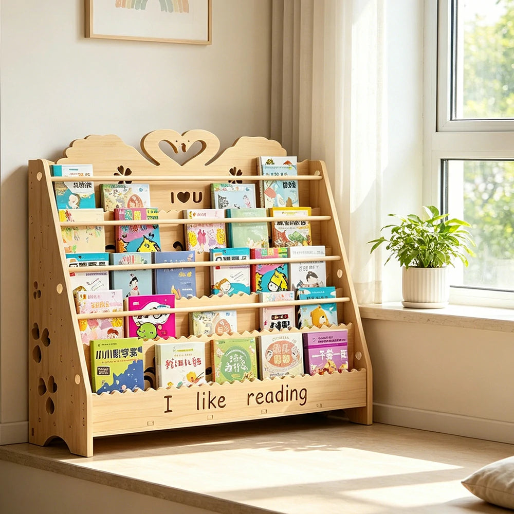 LIVARA Kids Bookshelf - Swan Design Multi-Tier Book Storage Freestanding Reading Organiser 100cm - Natural Wood