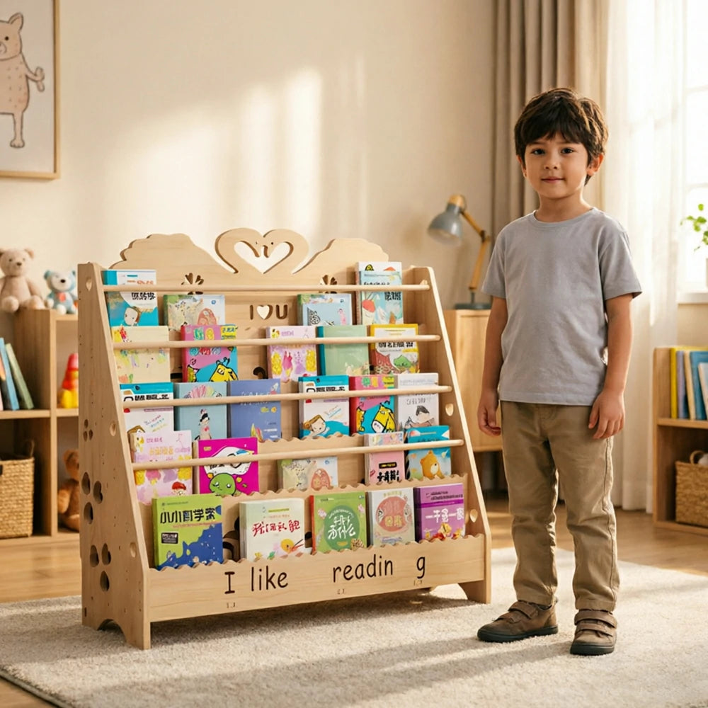 LIVARA Kids Bookshelf - Swan Design Multi-Tier Book Storage Freestanding Reading Organiser 100cm - Natural Wood