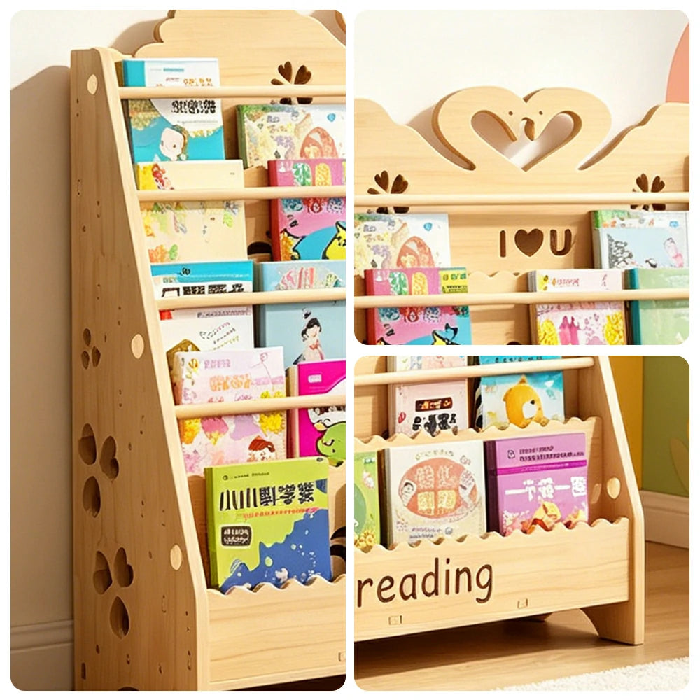 LIVARA Kids Bookshelf - Swan Design Multi-Tier Book Storage Freestanding Reading Organiser 100cm - Natural Wood