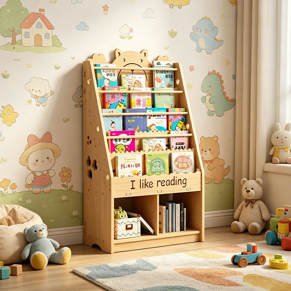 LIVARA Kids Bookshelf - Cute Bear Design Multi-Tier Book Storage Cabinet 60cm - Natural Wood