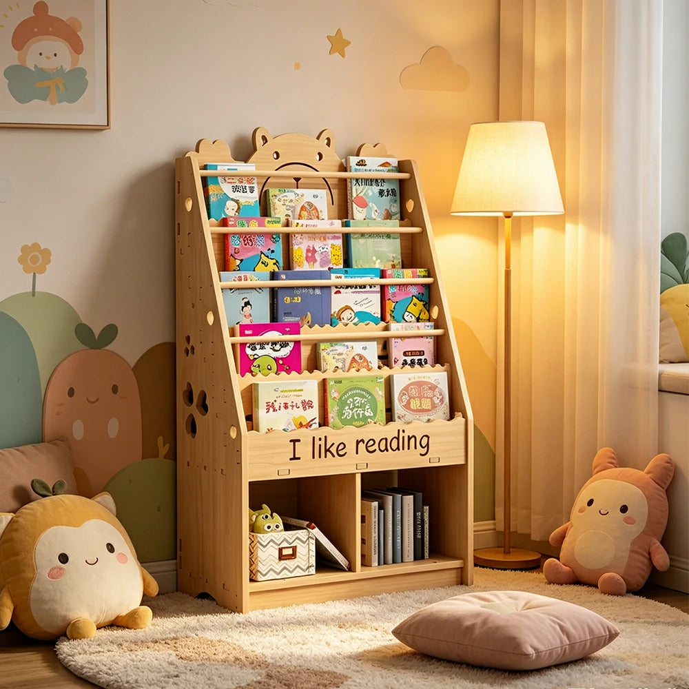 LIVARA Kids Bookshelf - Cute Bear Design Multi-Tier Book Storage Cabinet 60cm - Natural Wood