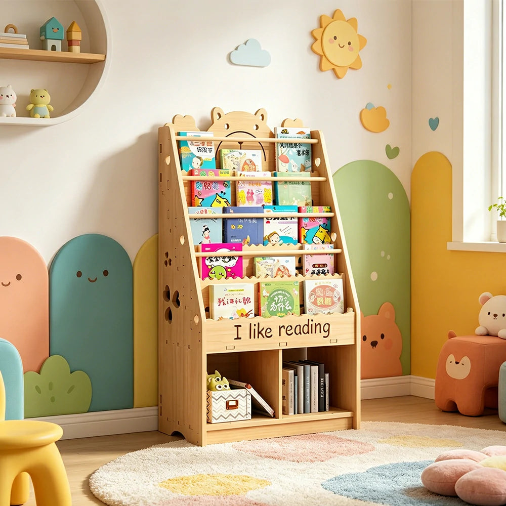 LIVARA Kids Bookshelf - Cute Bear Design Multi-Tier Book Storage Cabinet 60cm - Natural Wood