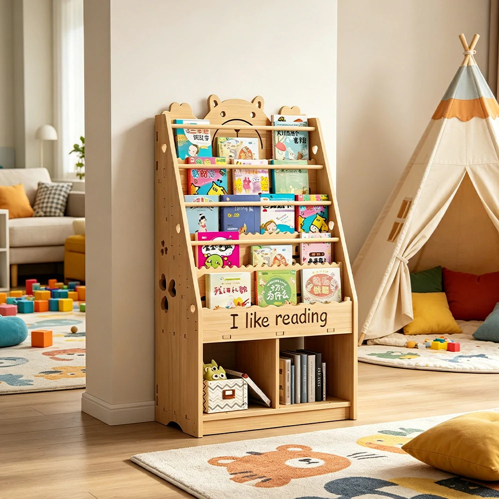 LIVARA Kids Bookshelf - Cute Bear Design Multi-Tier Book Storage Cabinet 60cm - Natural Wood