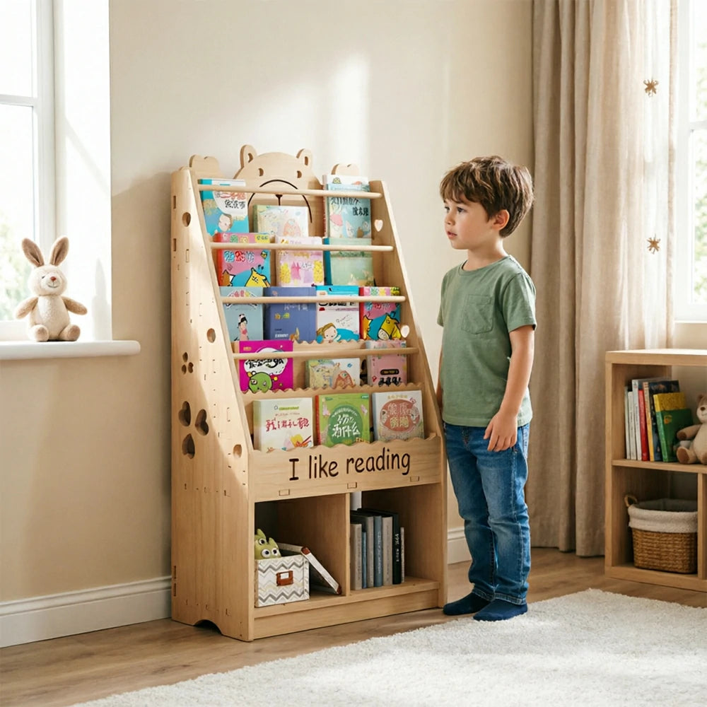 LIVARA Kids Bookshelf - Cute Bear Design Multi-Tier Book Storage Cabinet 60cm - Natural Wood