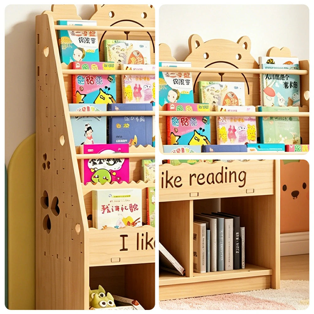 LIVARA Kids Bookshelf - Cute Bear Design Multi-Tier Book Storage Cabinet 60cm - Natural Wood