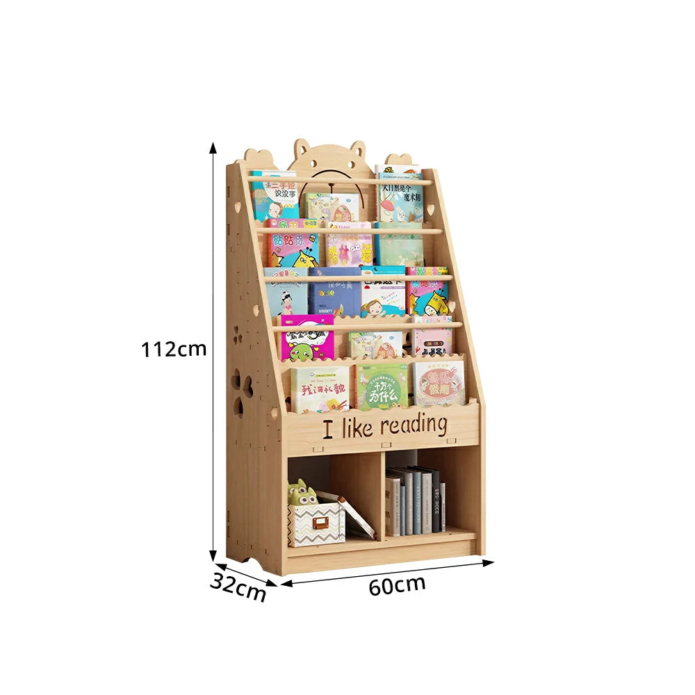 LIVARA Kids Bookshelf - Cute Bear Design Multi-Tier Book Storage Cabinet 60cm - Natural Wood
