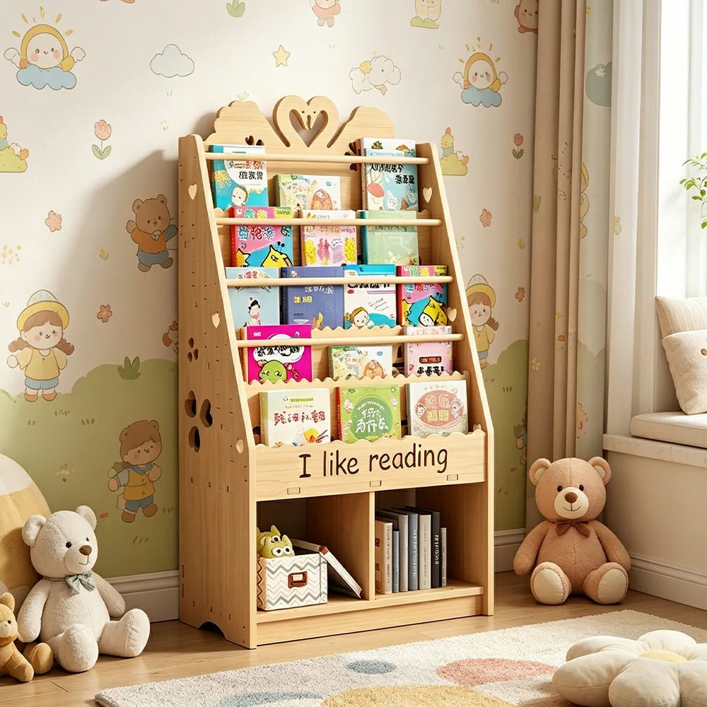 LIVARA Kids Bookshelf - Swan Design Multi-Tier Book Storage Cabinet 60cm - Natural Wood