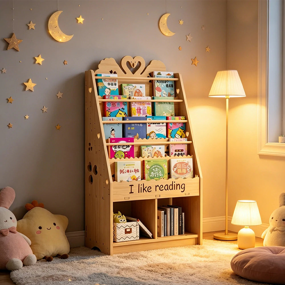 LIVARA Kids Bookshelf - Swan Design Multi-Tier Book Storage Cabinet 60cm - Natural Wood