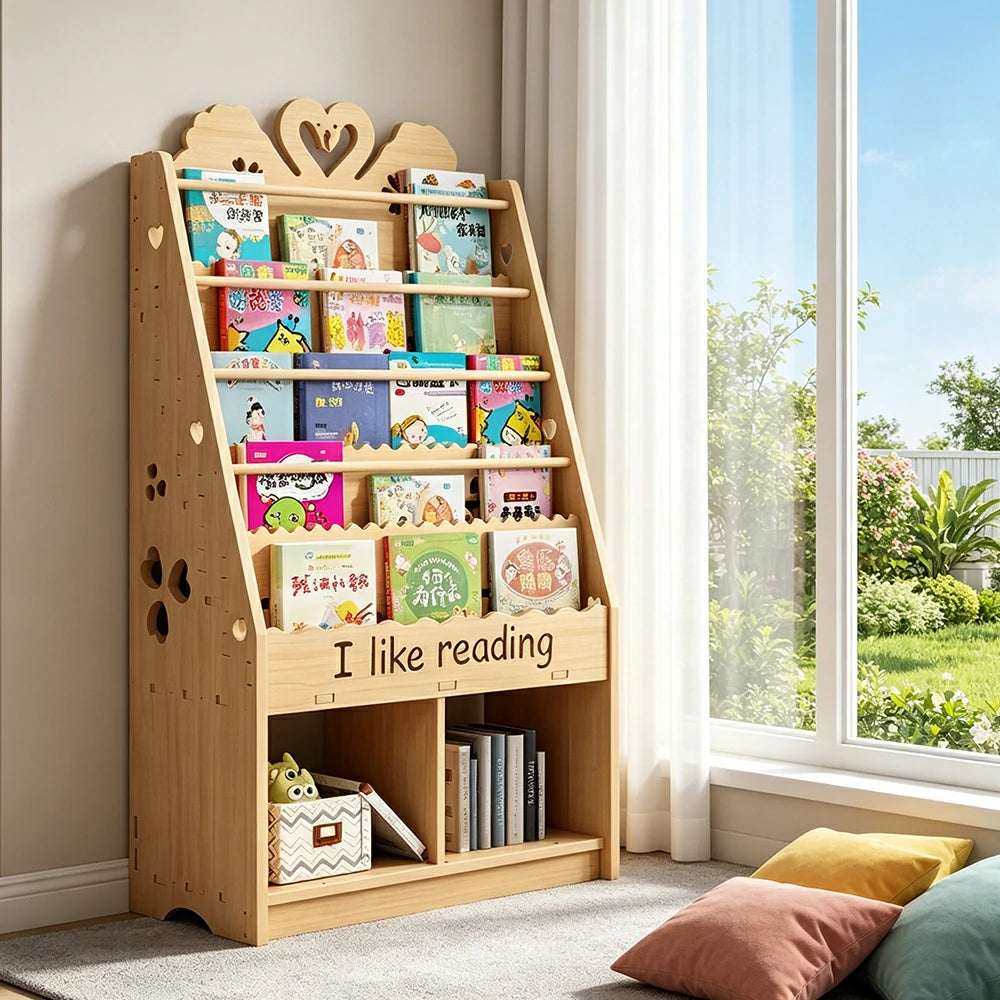 LIVARA Kids Bookshelf - Swan Design Multi-Tier Book Storage Cabinet 60cm - Natural Wood