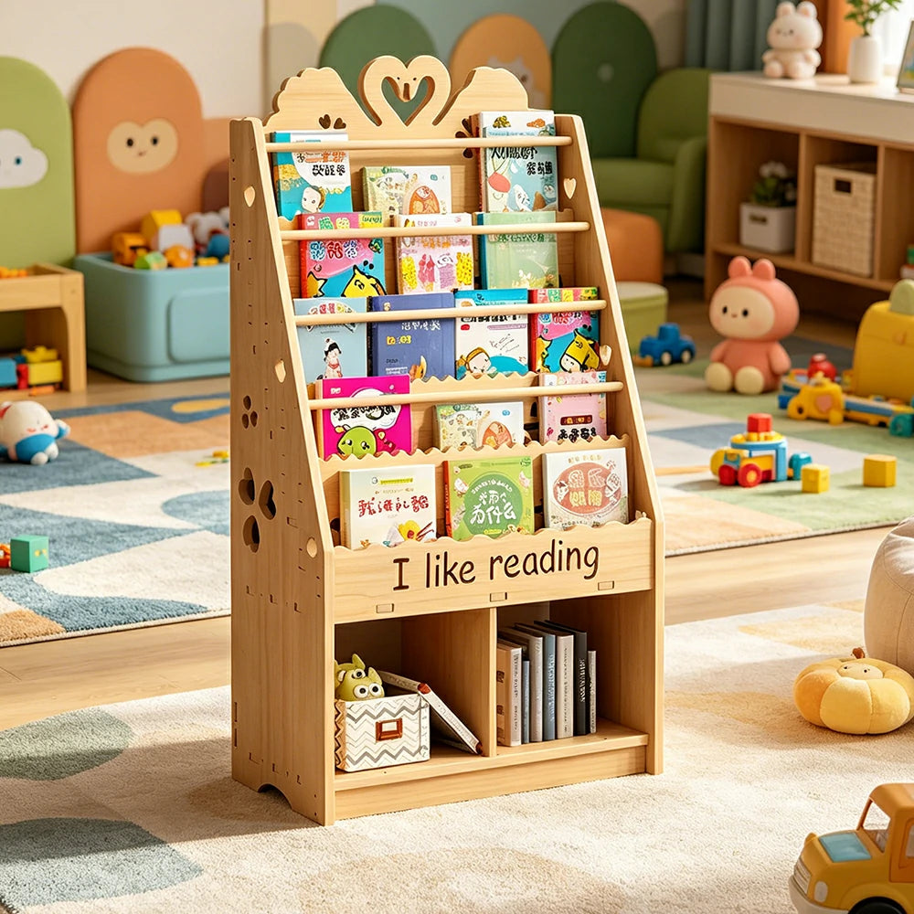 LIVARA Kids Bookshelf - Swan Design Multi-Tier Book Storage Cabinet 60cm - Natural Wood