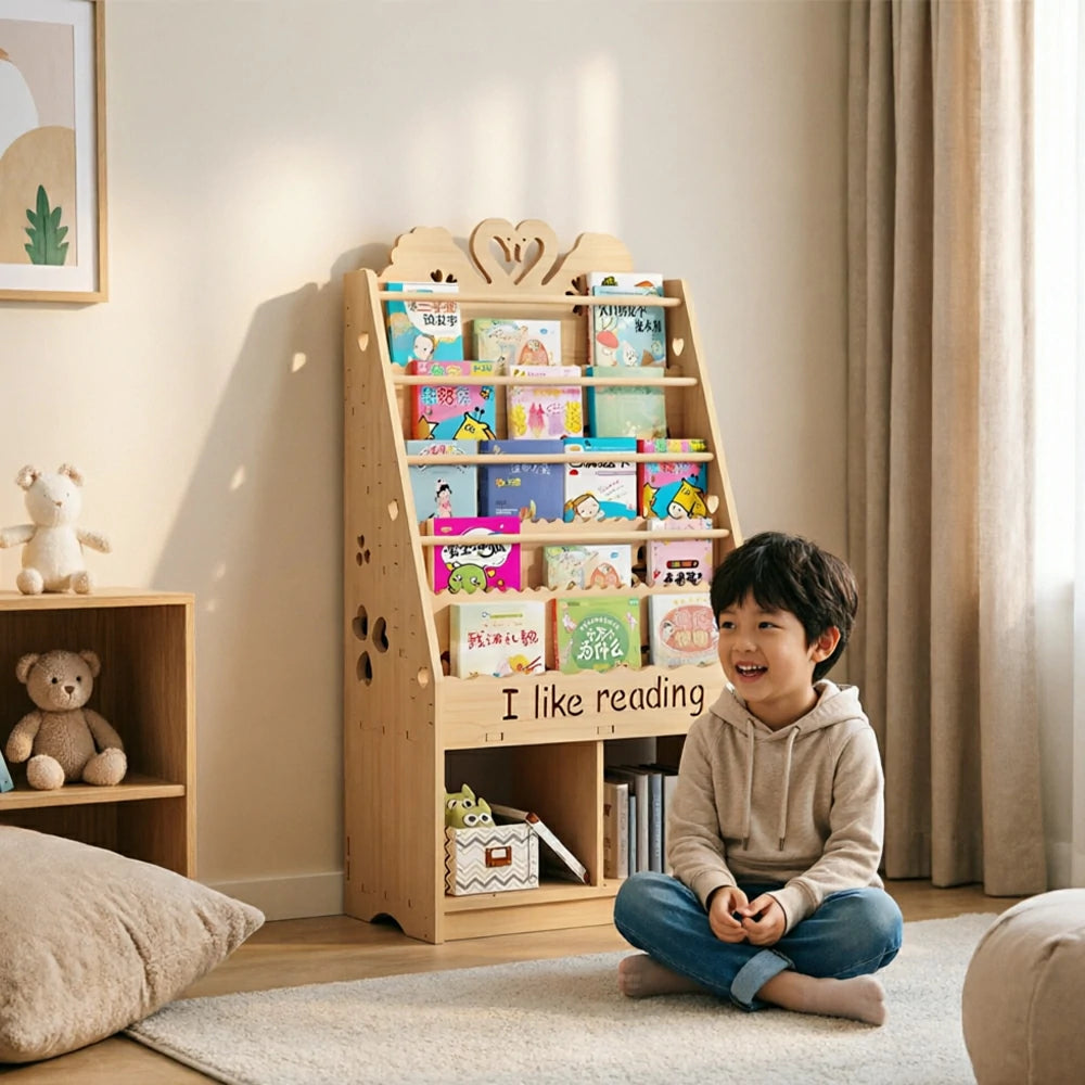 LIVARA Kids Bookshelf - Swan Design Multi-Tier Book Storage Cabinet 60cm - Natural Wood