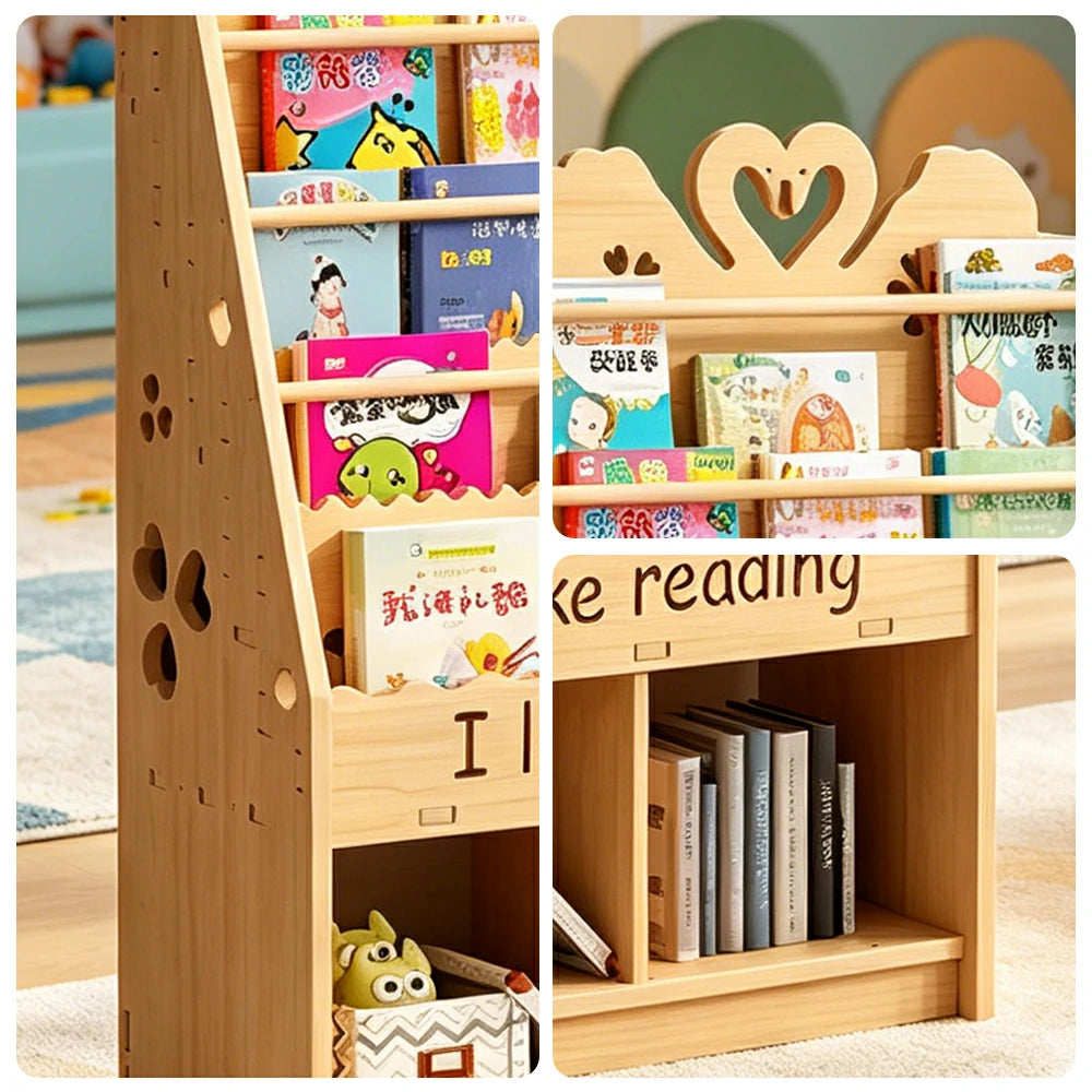 LIVARA Kids Bookshelf - Swan Design Multi-Tier Book Storage Cabinet 60cm - Natural Wood
