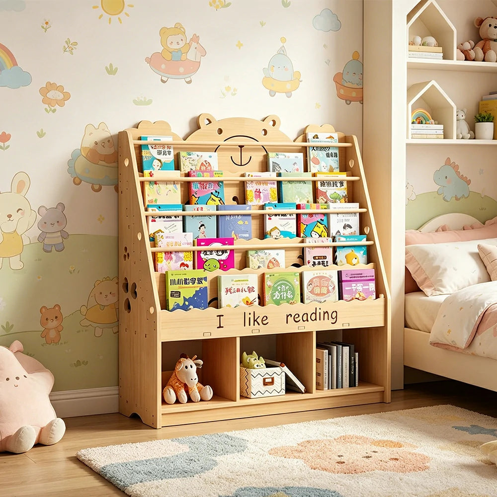 LIVARA Kids Bookshelf - Cute Bear Design Multi-Tier Book Storage Cabinet 100cm - Natural Wood