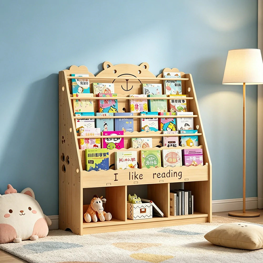 LIVARA Kids Bookshelf - Cute Bear Design Multi-Tier Book Storage Cabinet 100cm - Natural Wood