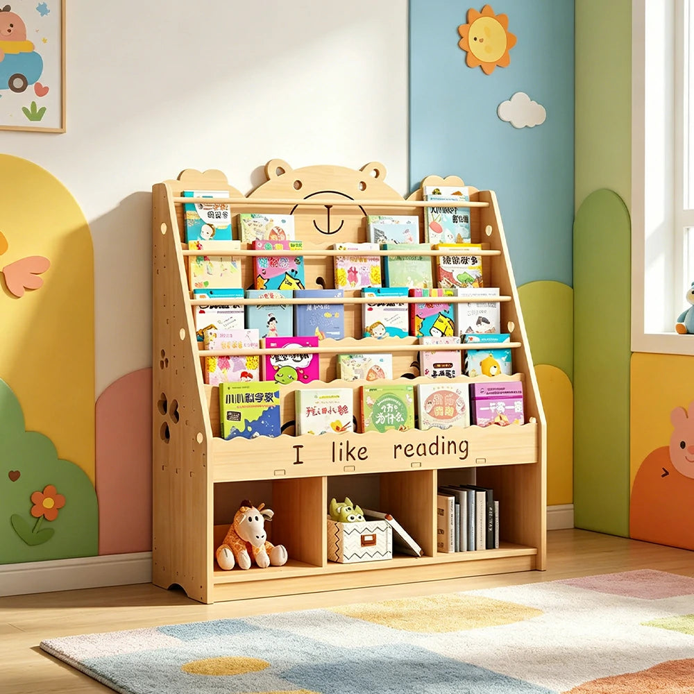 LIVARA Kids Bookshelf - Cute Bear Design Multi-Tier Book Storage Cabinet 100cm - Natural Wood