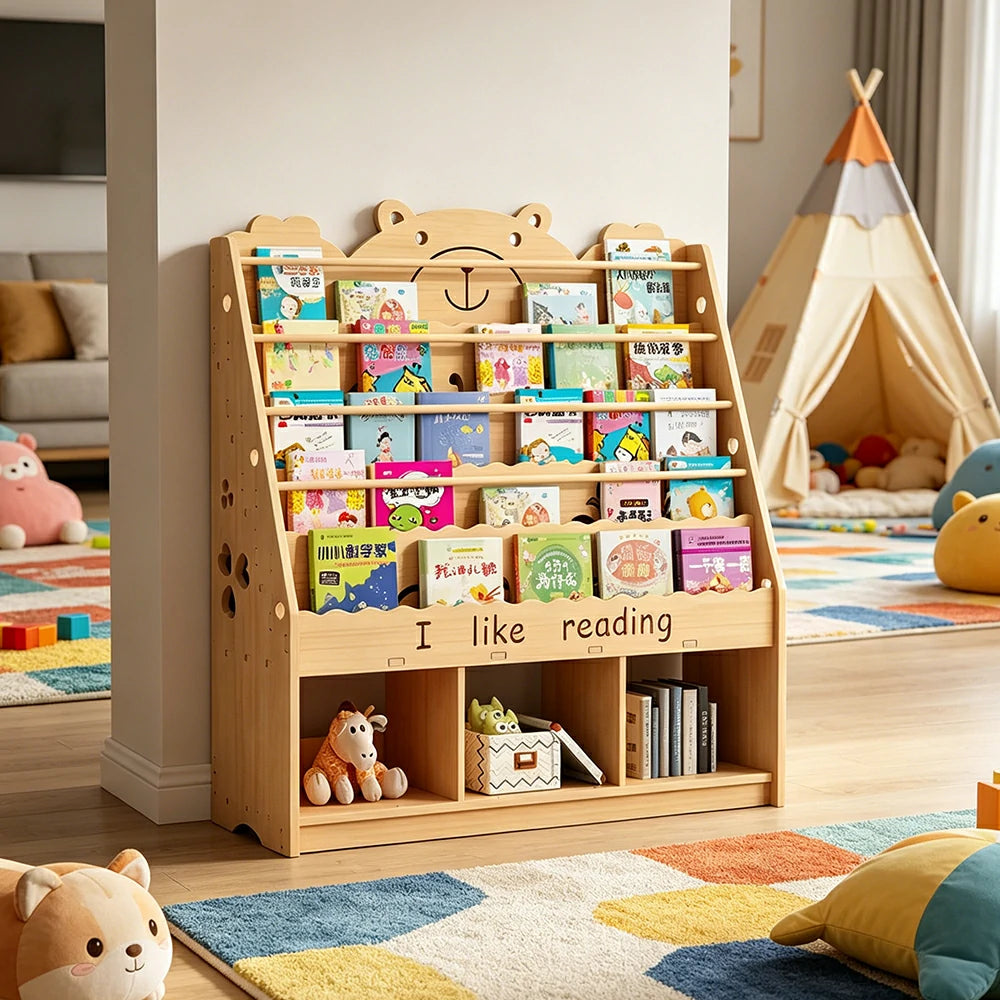 LIVARA Kids Bookshelf - Cute Bear Design Multi-Tier Book Storage Cabinet 100cm - Natural Wood