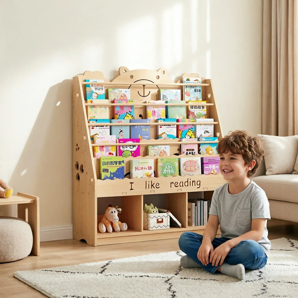 LIVARA Kids Bookshelf - Cute Bear Design Multi-Tier Book Storage Cabinet 100cm - Natural Wood