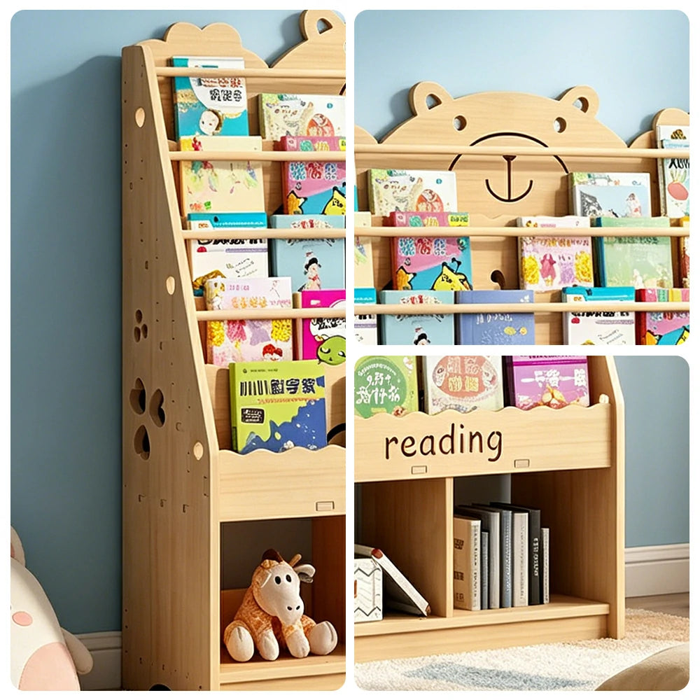 LIVARA Kids Bookshelf - Cute Bear Design Multi-Tier Book Storage Cabinet 100cm - Natural Wood
