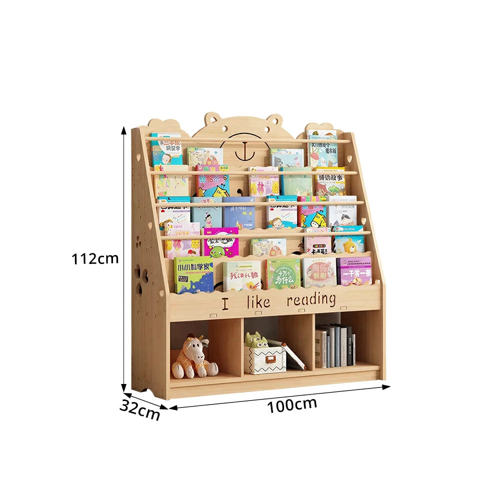 LIVARA Kids Bookshelf - Cute Bear Design Multi-Tier Book Storage Cabinet 100cm - Natural Wood