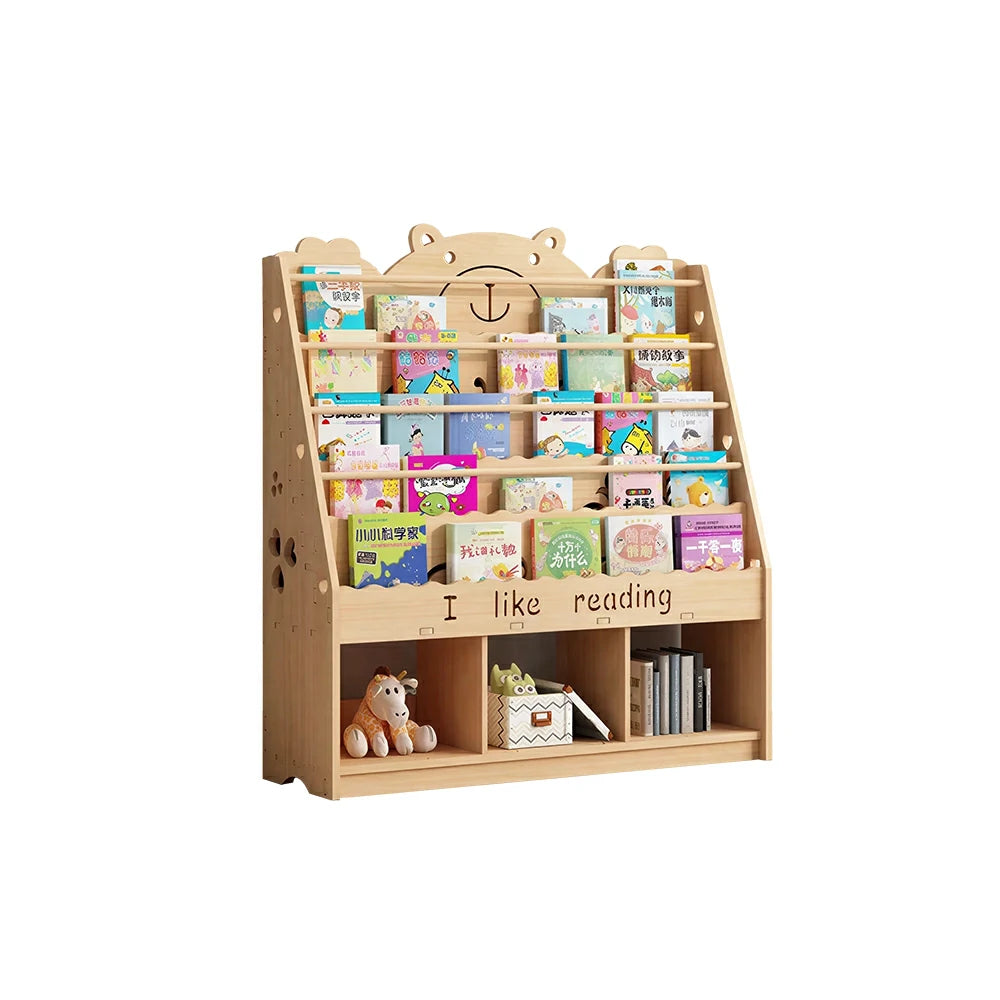 LIVARA Kids Bookshelf - Cute Bear Design Multi-Tier Book Storage Cabinet 100cm - Natural Wood