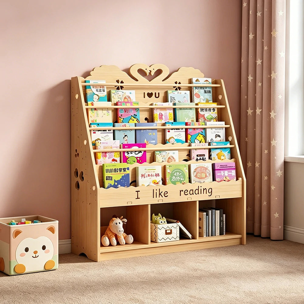 LIVARA Kids Bookshelf - Swan Design Multi-Tier Book Storage Cabinet 100cm - Natural Wood