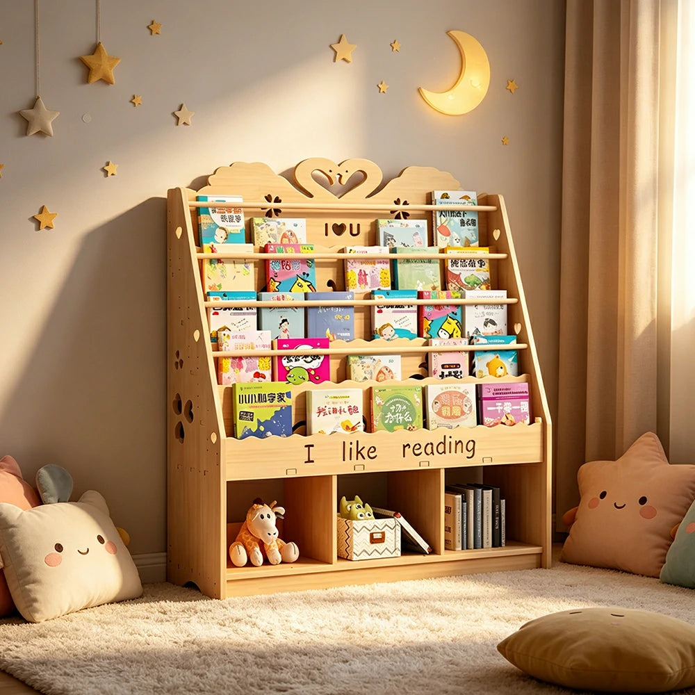 LIVARA Kids Bookshelf - Swan Design Multi-Tier Book Storage Cabinet 100cm - Natural Wood