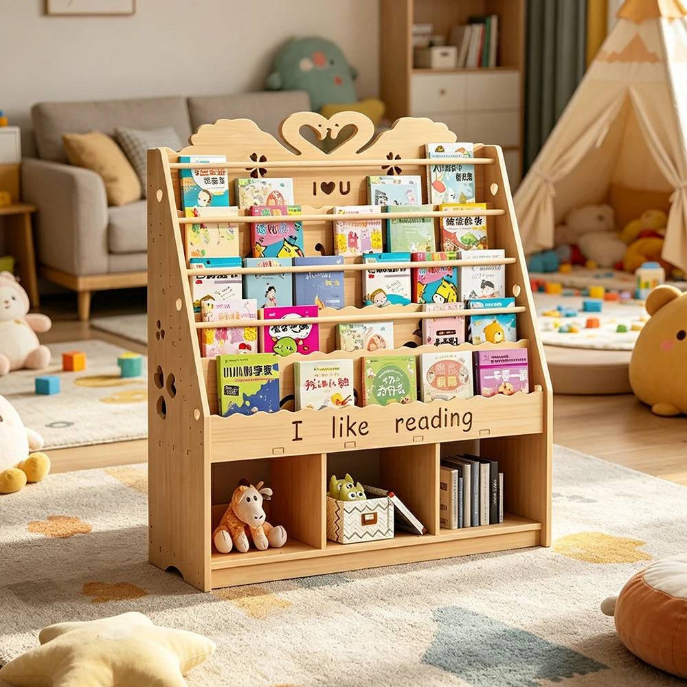 LIVARA Kids Bookshelf - Swan Design Multi-Tier Book Storage Cabinet 100cm - Natural Wood