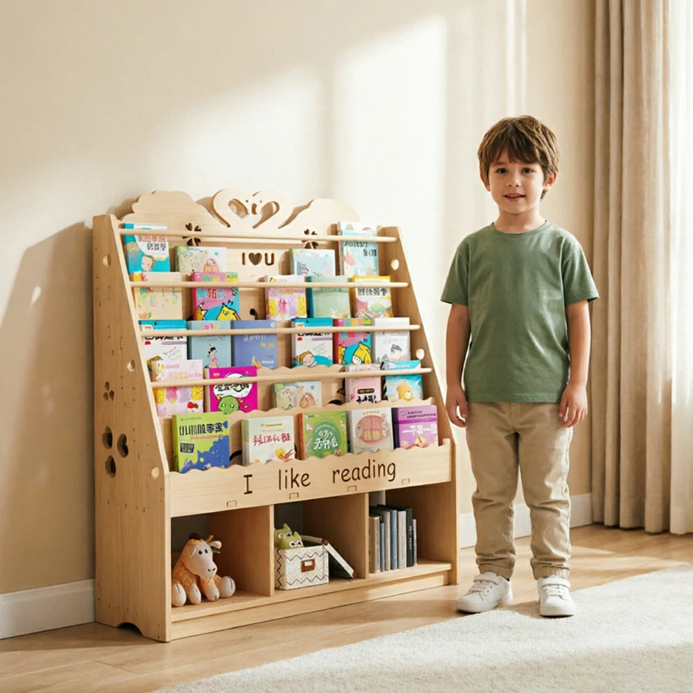 LIVARA Kids Bookshelf - Swan Design Multi-Tier Book Storage Cabinet 100cm - Natural Wood