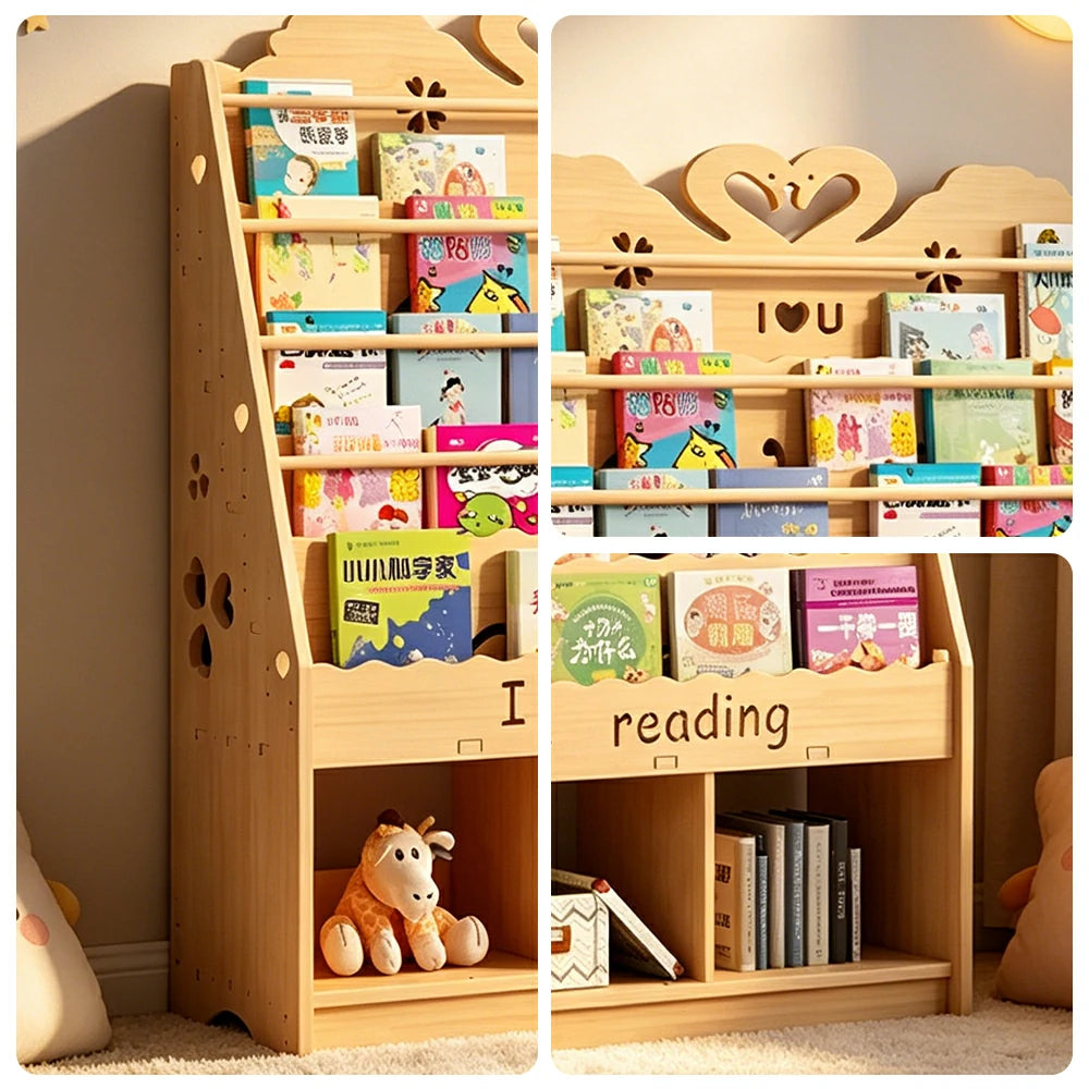 LIVARA Kids Bookshelf - Swan Design Multi-Tier Book Storage Cabinet 100cm - Natural Wood