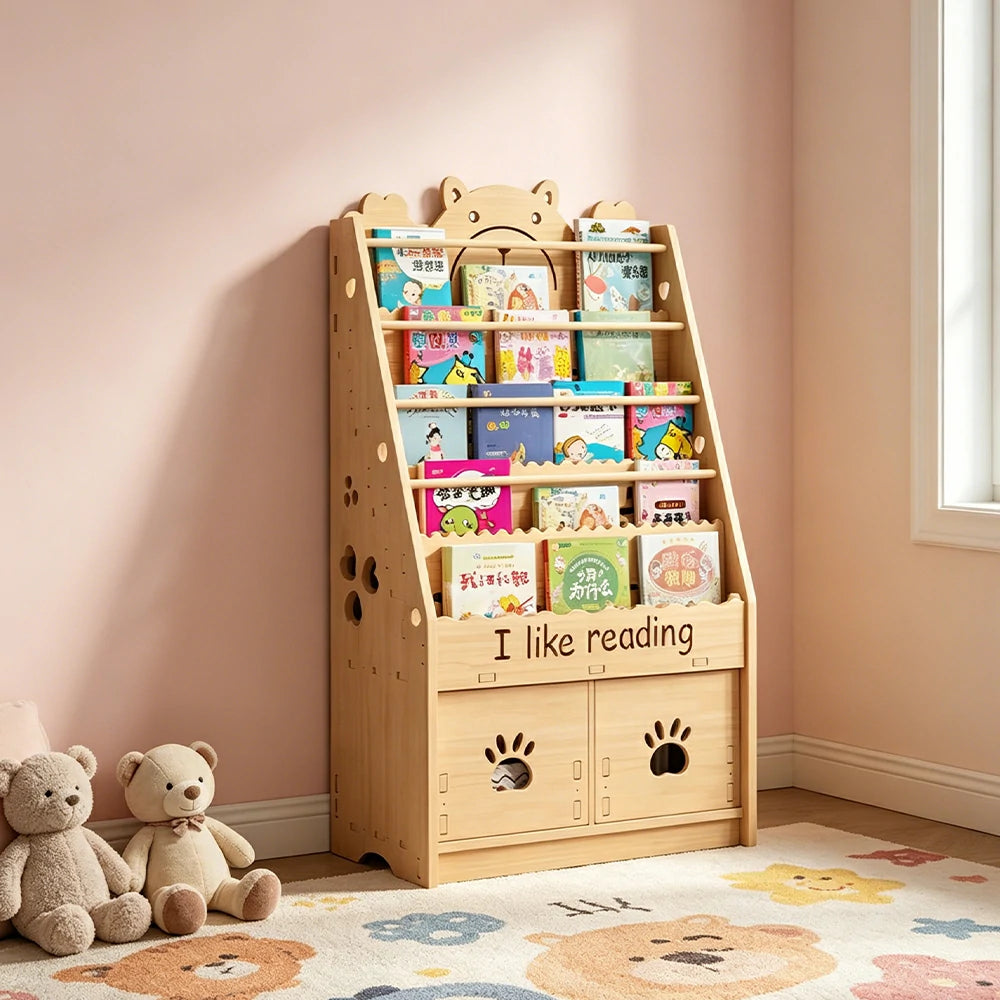 LIVARA Kids Bookshelf - Cute Bear Design Multi-Tier Book Storage Drawer Cabinet 60cm - Natural Wood