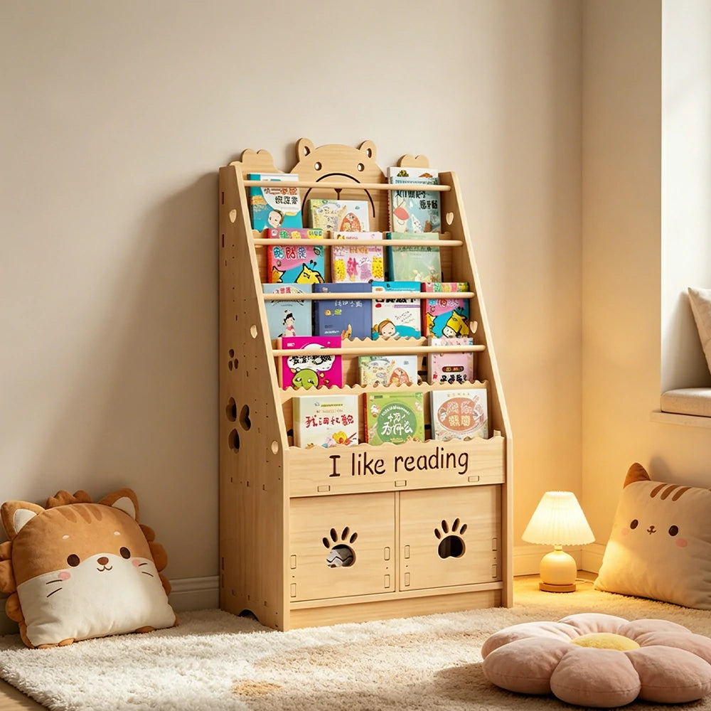 LIVARA Kids Bookshelf - Cute Bear Design Multi-Tier Book Storage Drawer Cabinet 60cm - Natural Wood