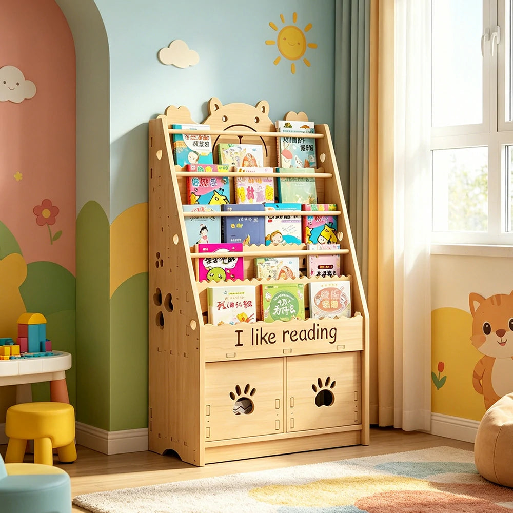 LIVARA Kids Bookshelf - Cute Bear Design Multi-Tier Book Storage Drawer Cabinet 60cm - Natural Wood