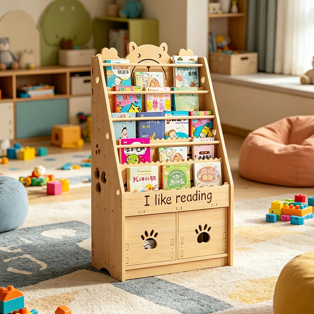 LIVARA Kids Bookshelf - Cute Bear Design Multi-Tier Book Storage Drawer Cabinet 60cm - Natural Wood