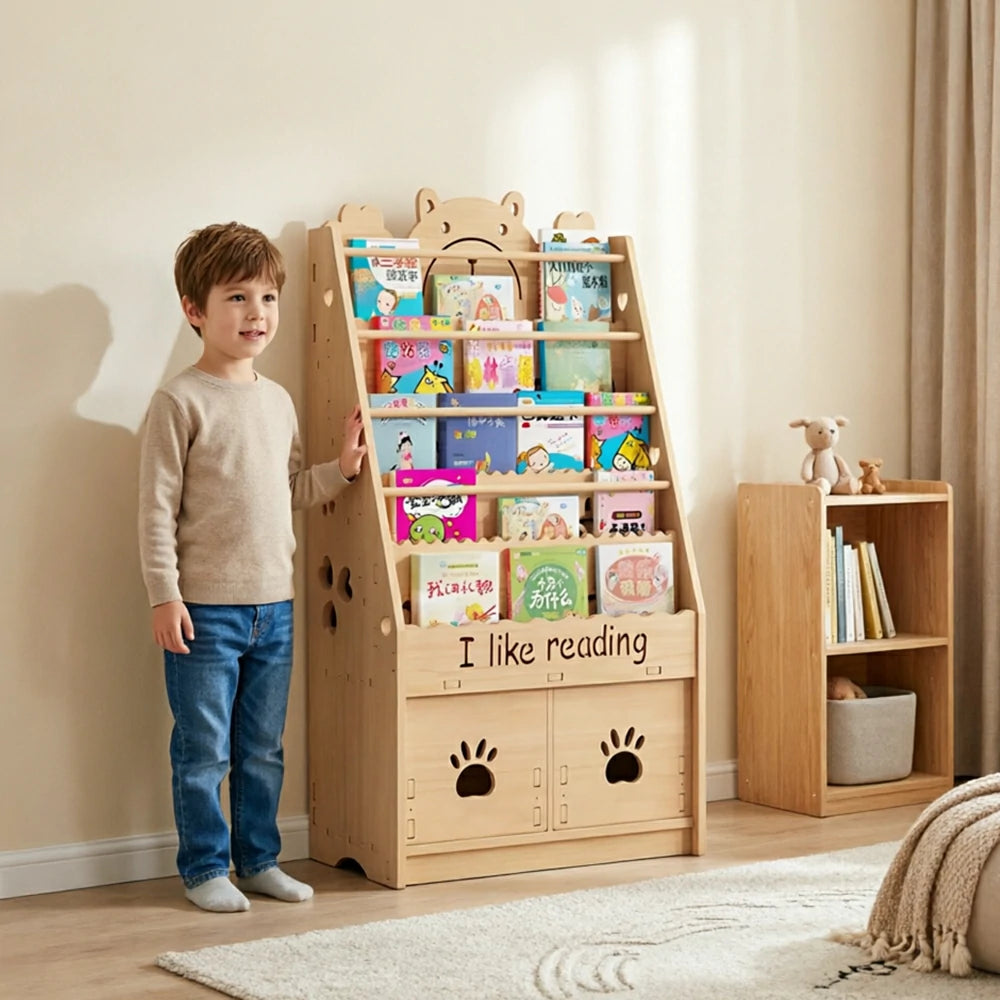 LIVARA Kids Bookshelf - Cute Bear Design Multi-Tier Book Storage Drawer Cabinet 60cm - Natural Wood