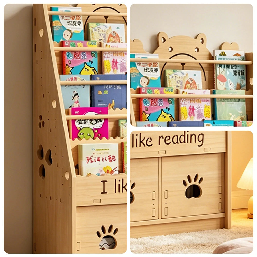 LIVARA Kids Bookshelf - Cute Bear Design Multi-Tier Book Storage Drawer Cabinet 60cm - Natural Wood