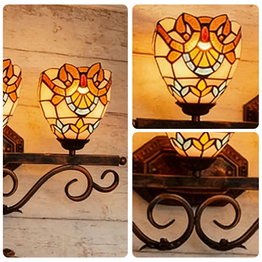 LIVARA European Vintage Baroque Style 3-Light Wall Light Stained Glass Handcrafted Iron Frame 63cm Living Room Bedroom Dining