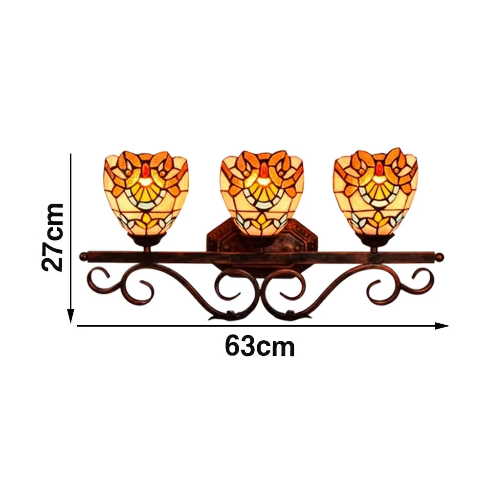 LIVARA European Vintage Baroque Style 3-Light Wall Light Stained Glass Handcrafted Iron Frame 63cm Living Room Bedroom Dining