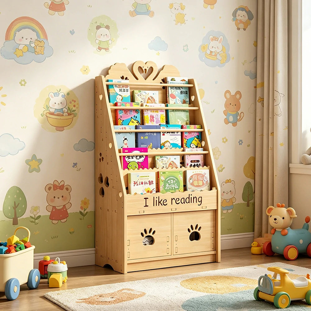 LIVARA Kids Bookshelf - Swan Design Multi-Tier Book Storage Drawer Cabinet 60cm - Natural Wood