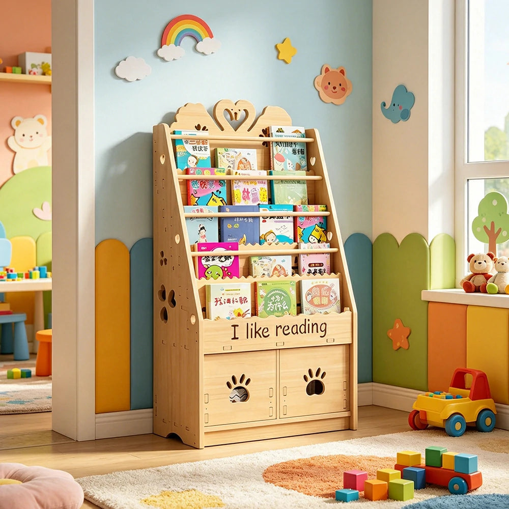 LIVARA Kids Bookshelf - Swan Design Multi-Tier Book Storage Drawer Cabinet 60cm - Natural Wood