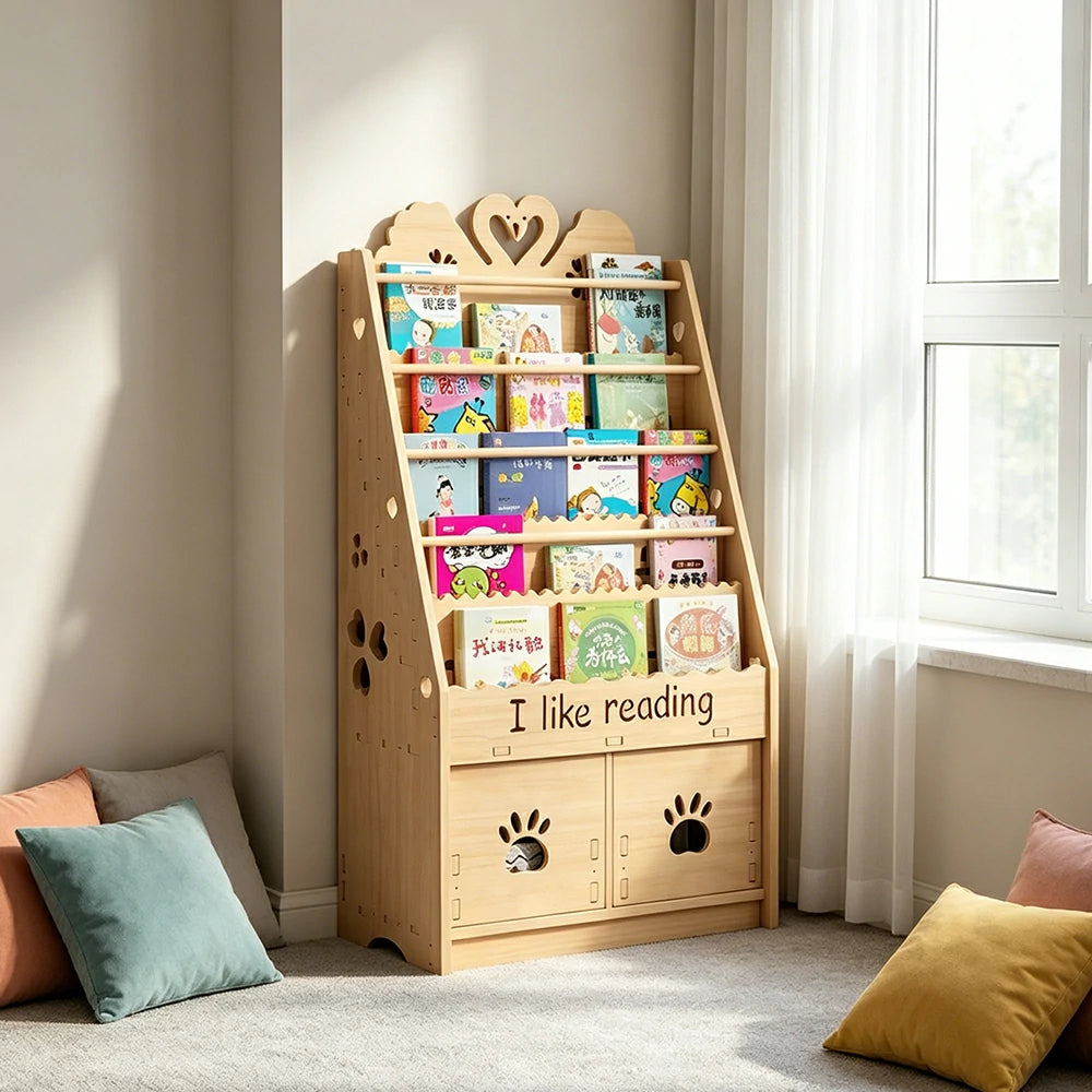 LIVARA Kids Bookshelf - Swan Design Multi-Tier Book Storage Drawer Cabinet 60cm - Natural Wood
