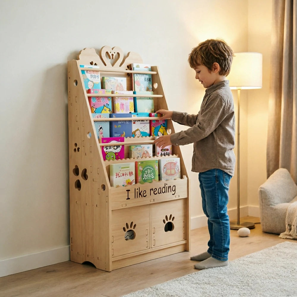 LIVARA Kids Bookshelf - Swan Design Multi-Tier Book Storage Drawer Cabinet 60cm - Natural Wood