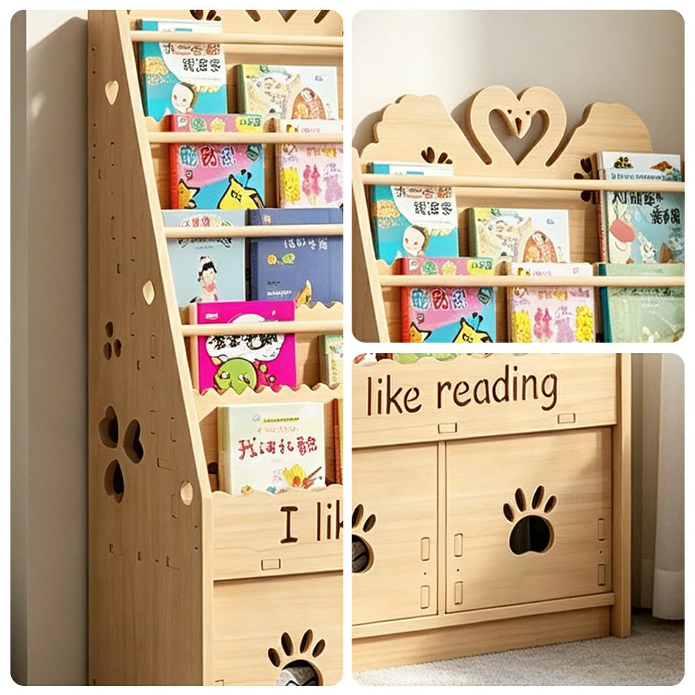 LIVARA Kids Bookshelf - Swan Design Multi-Tier Book Storage Drawer Cabinet 60cm - Natural Wood